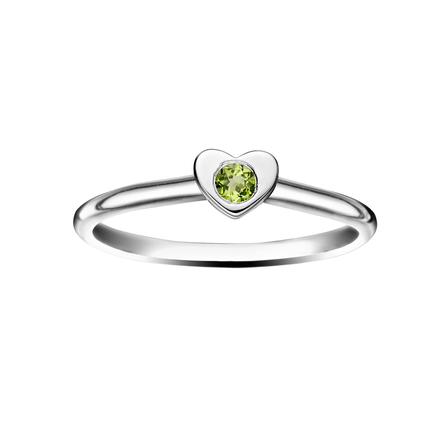 Polished Silver Heart Stacking Birthstone Rings - August / Peridot