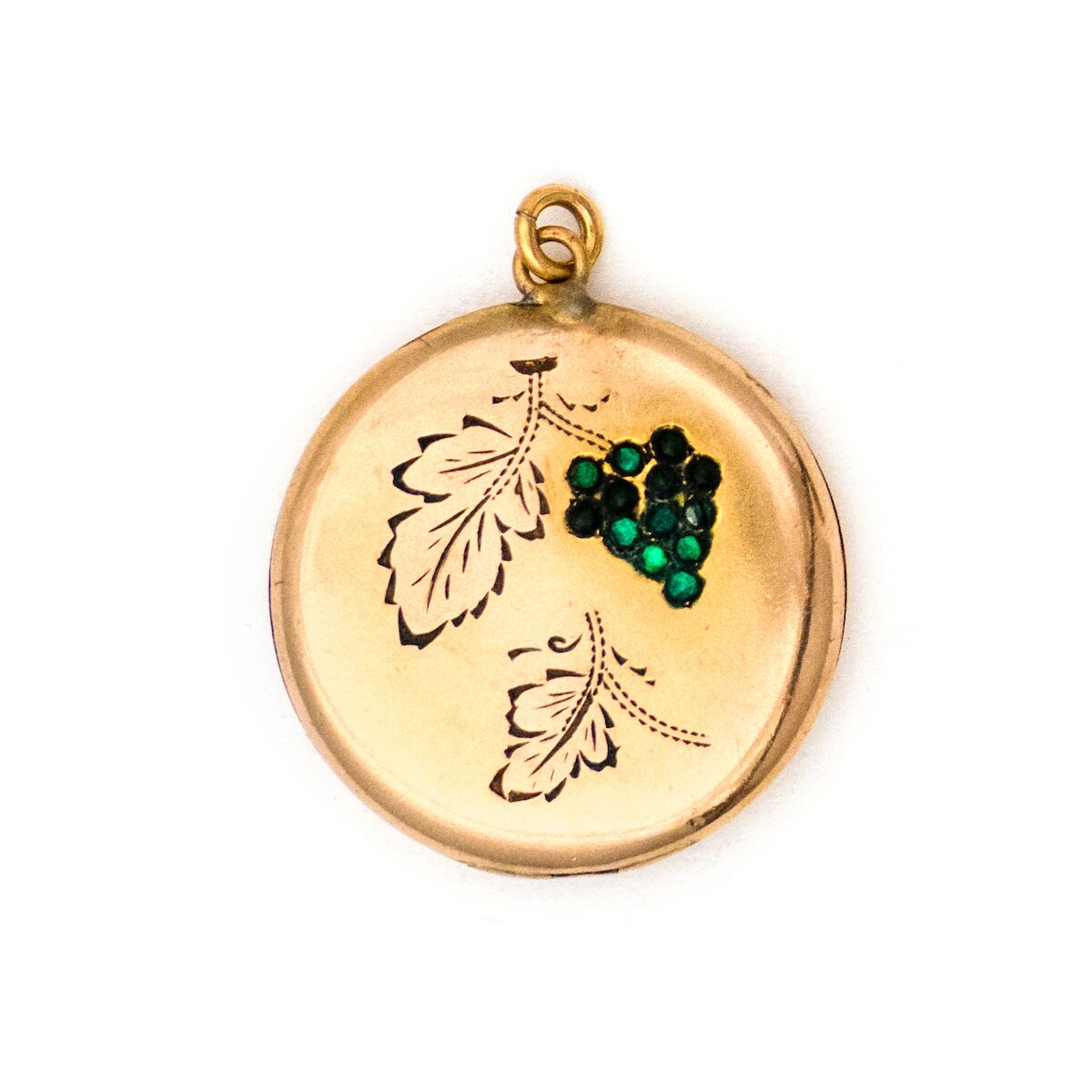 Green Grapes Antique locket, gold fill locket with green stones, opens to hold pictures and photos, front view