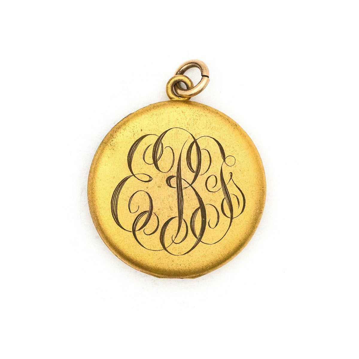 On the Vine Antique Locket, gold fill locket with grapes, leaves and a branch, with Victorian white paste stones, holds photos and pictures, back view, shows initial monogram with letters E B F