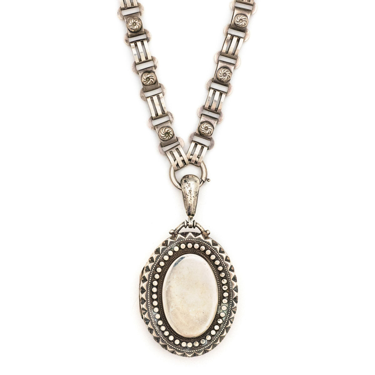 English Victorian Sterling Antique Oval Locket, stunning silver locket, front view, shown on vintage sterling silver chain