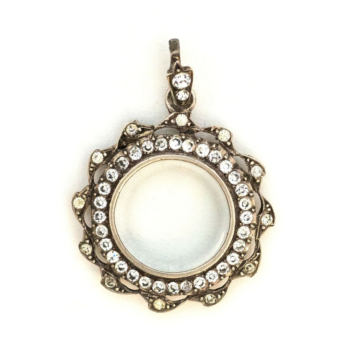 Sterling French Paste Antique Halo Locket, clear locket, perfect for photos and pictures, front view