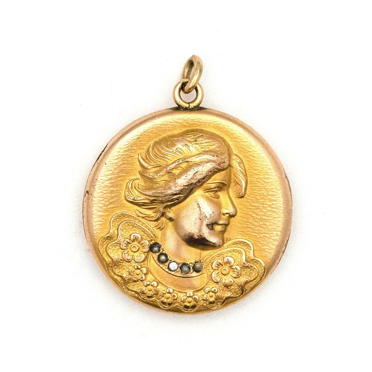 Bridgerton Antique Locket, woman in profile with necklace and flowers on collar, gold fill Victorian locket, front view