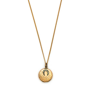 Petite Horseshoe Antique Locket, Antique good luck charm locket, gold fill with paste stones in horseshoe, front view, shown on antique gold fill curb chain