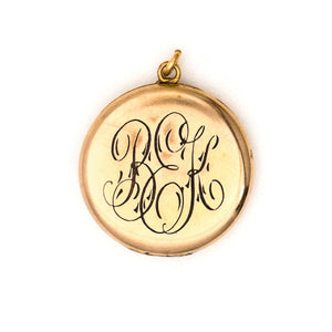Green Grapes Antique locket, gold fill locket with green stones, opens to hold pictures and photos, back view, shows initial monogram with letters B E K 