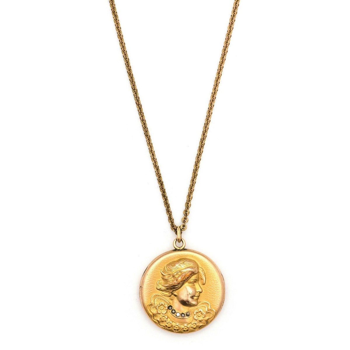 Bridgerton Antique Locket, woman in profile with necklace and flowers on collar, gold fill Victorian locket, front view