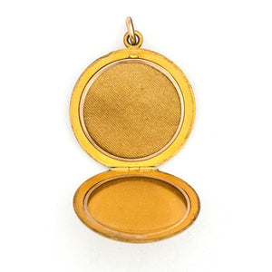 On the Vine Antique Locket, gold fill locket with grapes, leaves and a branch, with Victorian white paste stones, holds photos and pictures, open locket view, shows original frames