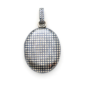 Checkered Oval Niello Antique Locket, black and white checker board locket, for holding pictures and photos, back view