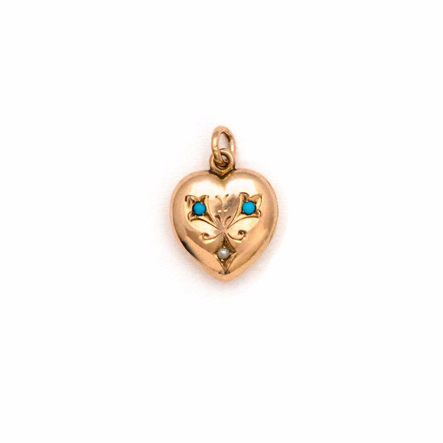 14K Gold Turquoise & Pearl Heart Locket