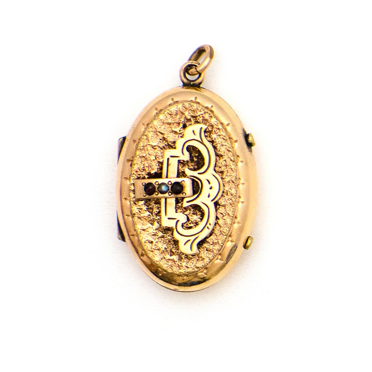 Garnet & Pearl Buckle Antique Locket, interesting gold fill locket with antique stones, holds pictures and photos, front view