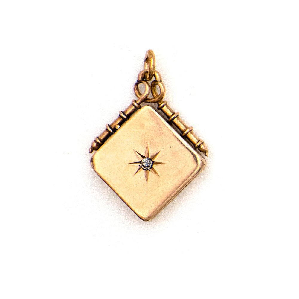 14K Gold & Diamond Star Antique Locket, square gold Victorian locket for holding pictures and photos, front view