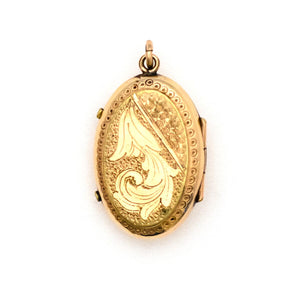Garnet & Pearl Buckle Antique Locket, interesting gold fill locket with antique stones, holds pictures and photos, back view, beautiful feather-like motif