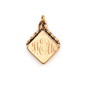 14K Gold & Diamond Star Antique Locket, square gold Victorian locket for holding pictures and photos, back view showing monogrammed initials W E U