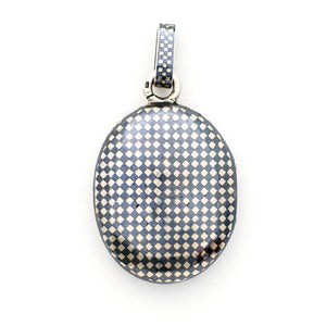 Checkered Oval Niello Antique Locket, black and white checker board locket, for holding pictures and photos, front view