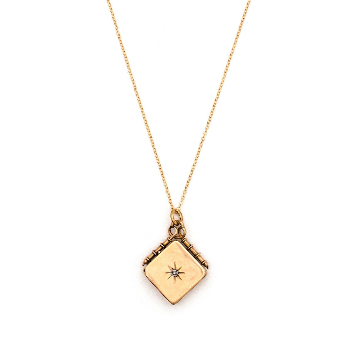14K Gold & Diamond Star Antique Locket, square gold Victorian locket for holding pictures and photos, front view, shown on antique 14k gold chain