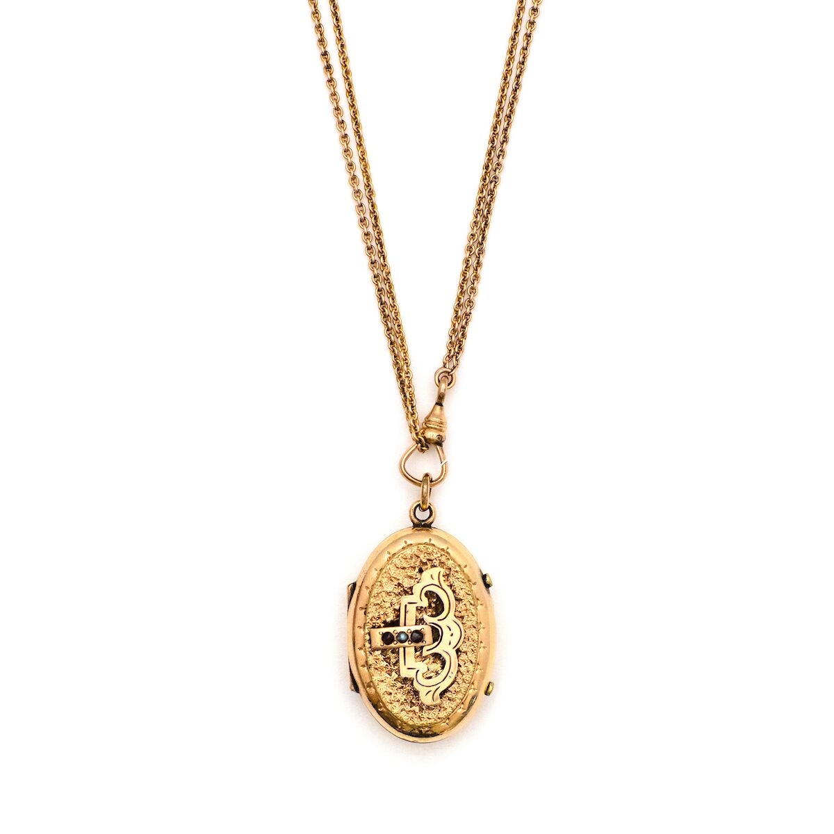 Garnet & Pearl Buckle Antique Locket, interesting gold fill locket with antique stones, holds pictures and photos, front view, shown on antique gold fill watch chain