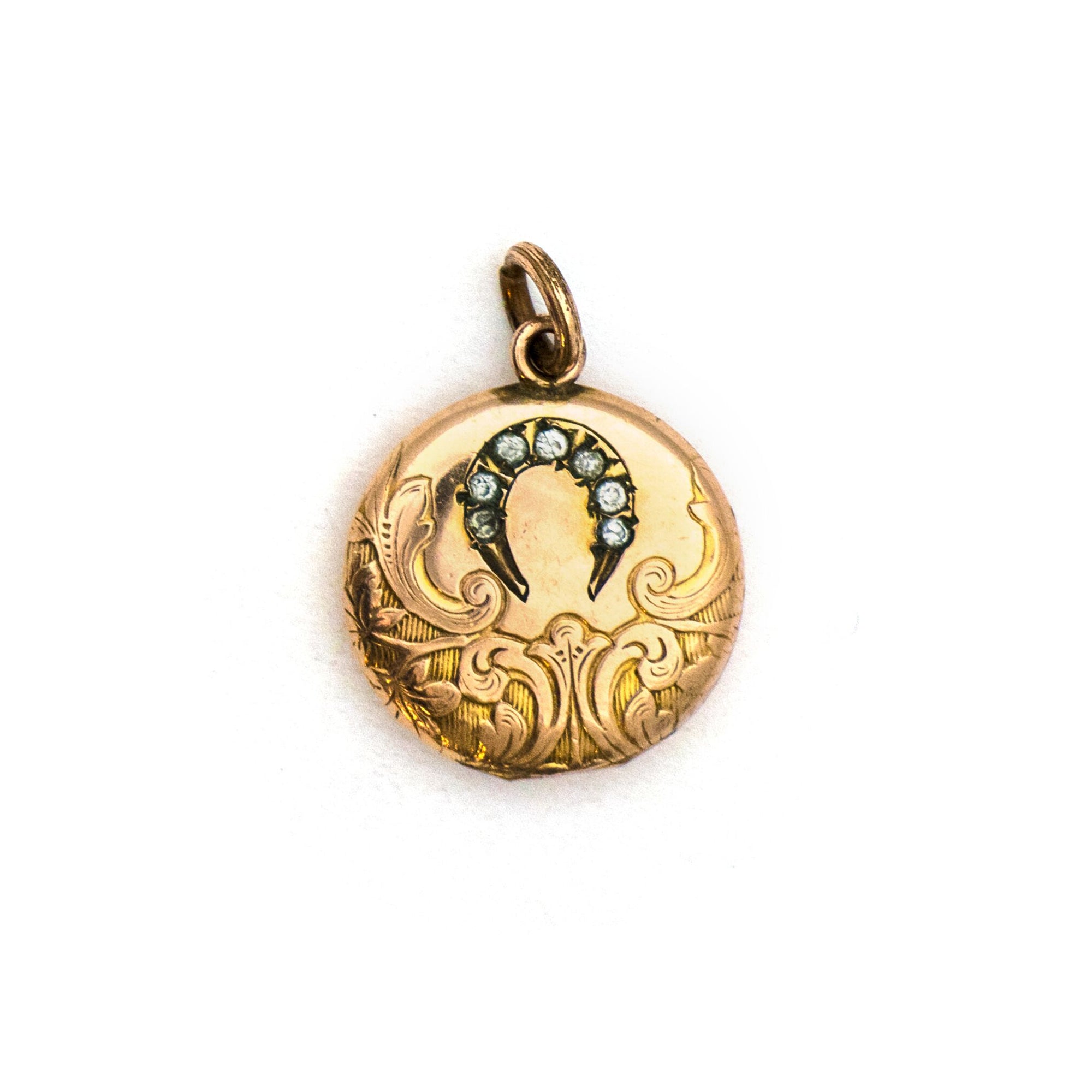Petite Horseshoe Antique Locket, Antique good luck charm locket, gold fill with paste stones in horseshoe, front view